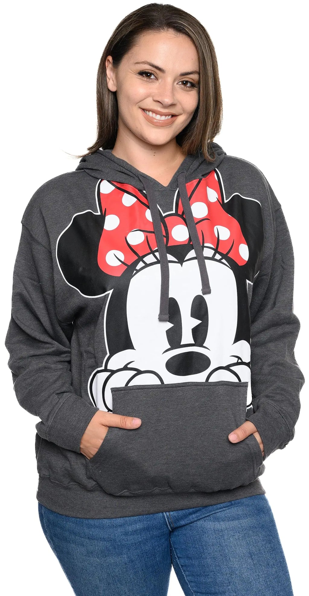 Disney Womens Hoodie Minnie Mouse Peeking Pullover (Charcoal Medium) - THE OUTLET