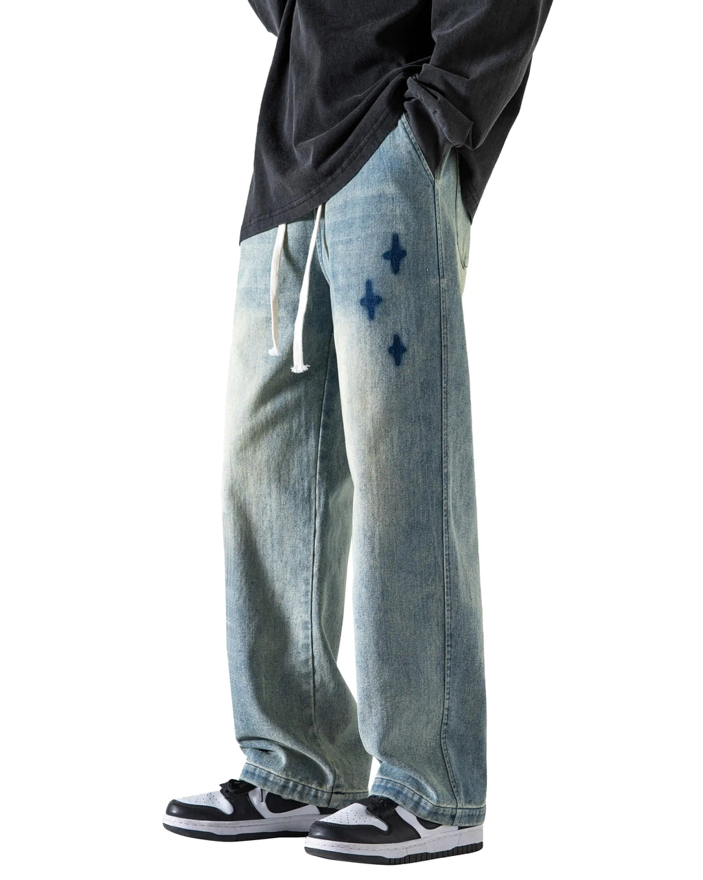 PRIJOUHE Mens Wide Leg Jeans Elastic Waist Baggy Jeans Casual Drawstring Denim Pants Trousers - THE OUTLET