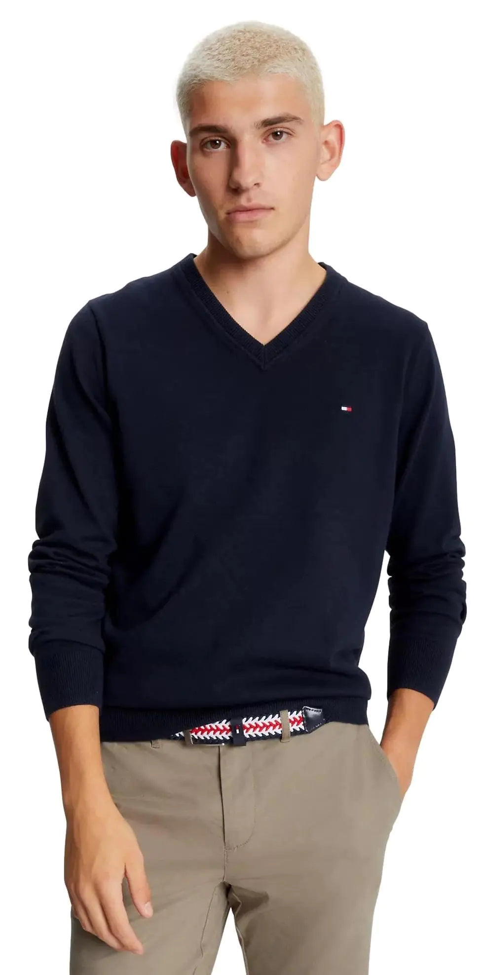 Tommy Hilfiger Mens Cotton V Neck Sweater Navy L - THE OUTLET