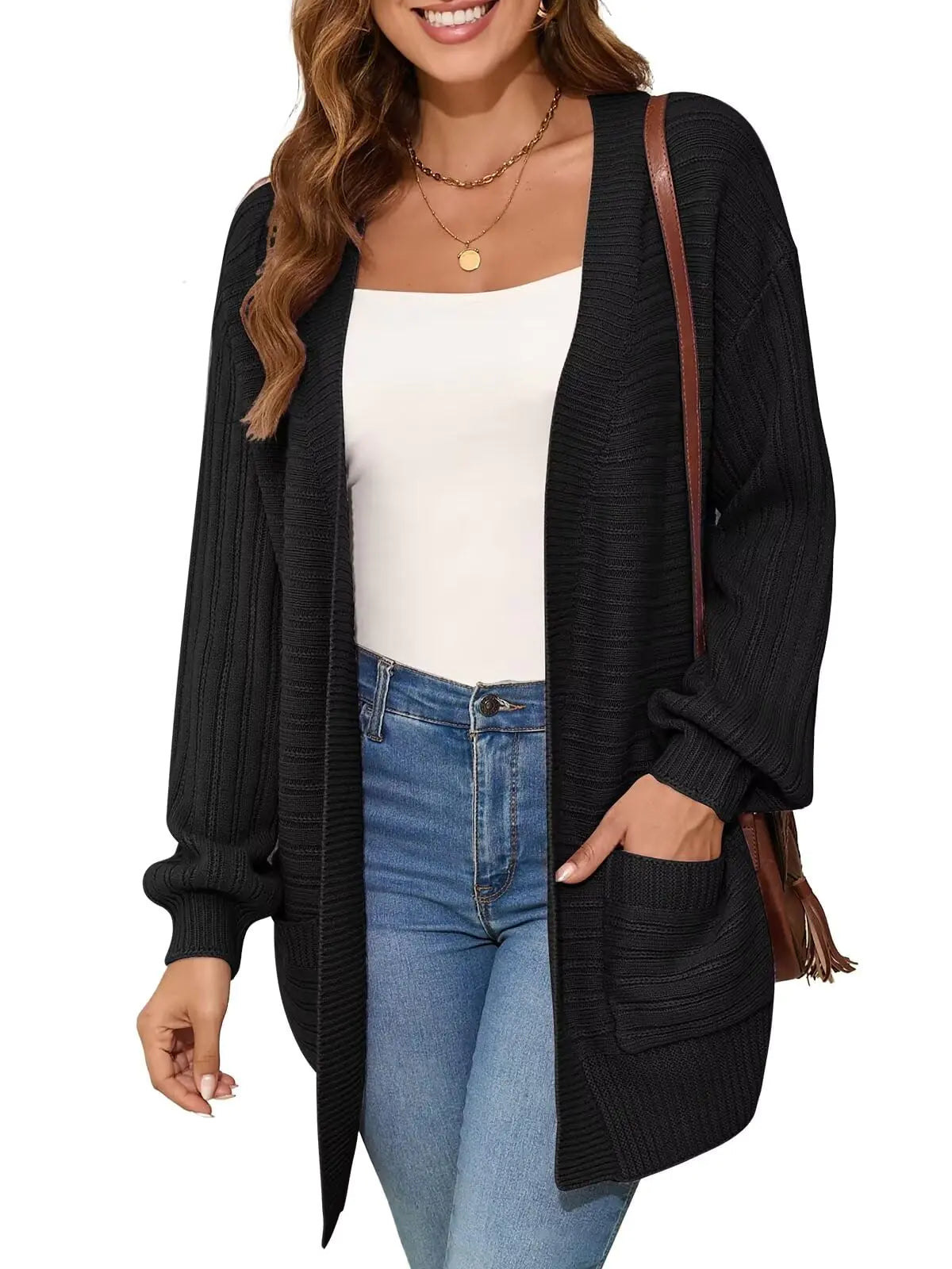 BELAROI Plus Size Cardigan Sweaters for Women Cable Knit Open Front Casual Long Sleeve Fall Winter Coats Chunky(Black2X) - THE OUTLET