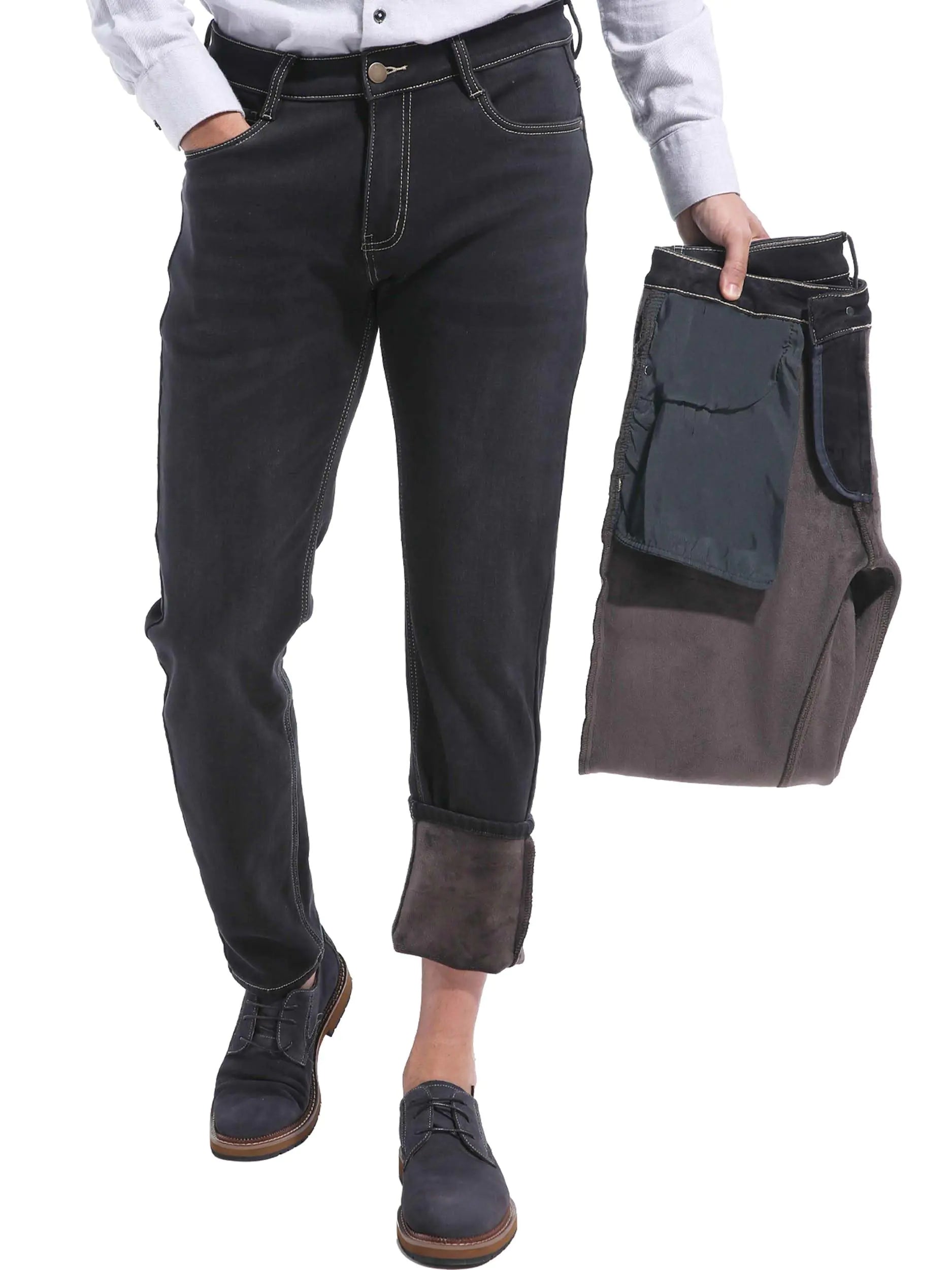 zhorefine Mens Super Soft Fleece Lined Jeans Taper Slim Stretchy Thermal Jeans for Winter 4885H Black 31W/30L