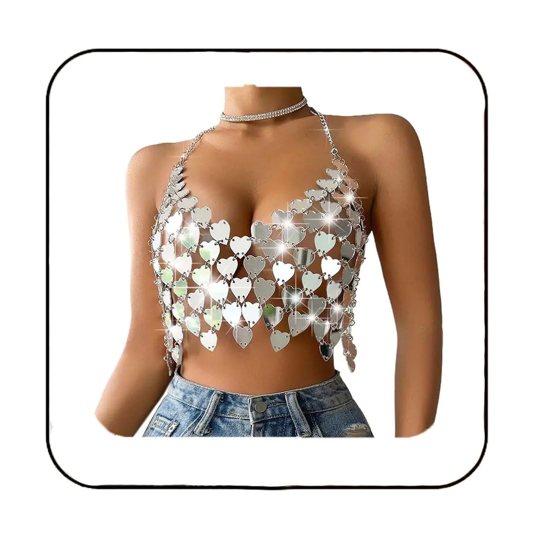 BODIY Women Sequin Body Chain Top Sliver Sparkly Dots Disco Halter Bra Chain Tops Nightclub Hearts Chain Crop Top