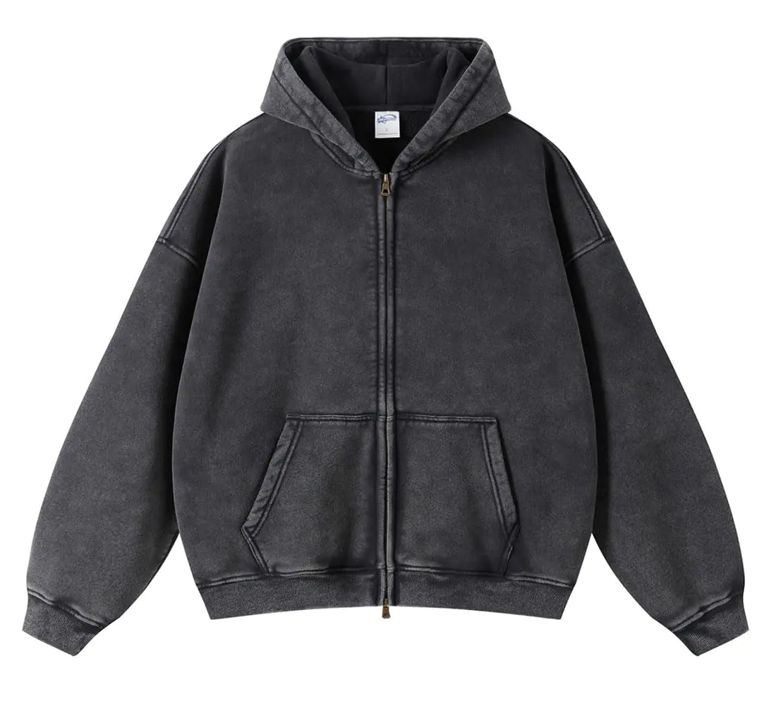 DXSHCV Oversize Mens Vintage Hoodie Zip Up Long Sleeve Sweatshirt with Pockets Acid Wash Streetwear Fleece Hoodies Jacket Black - THE OUTLET