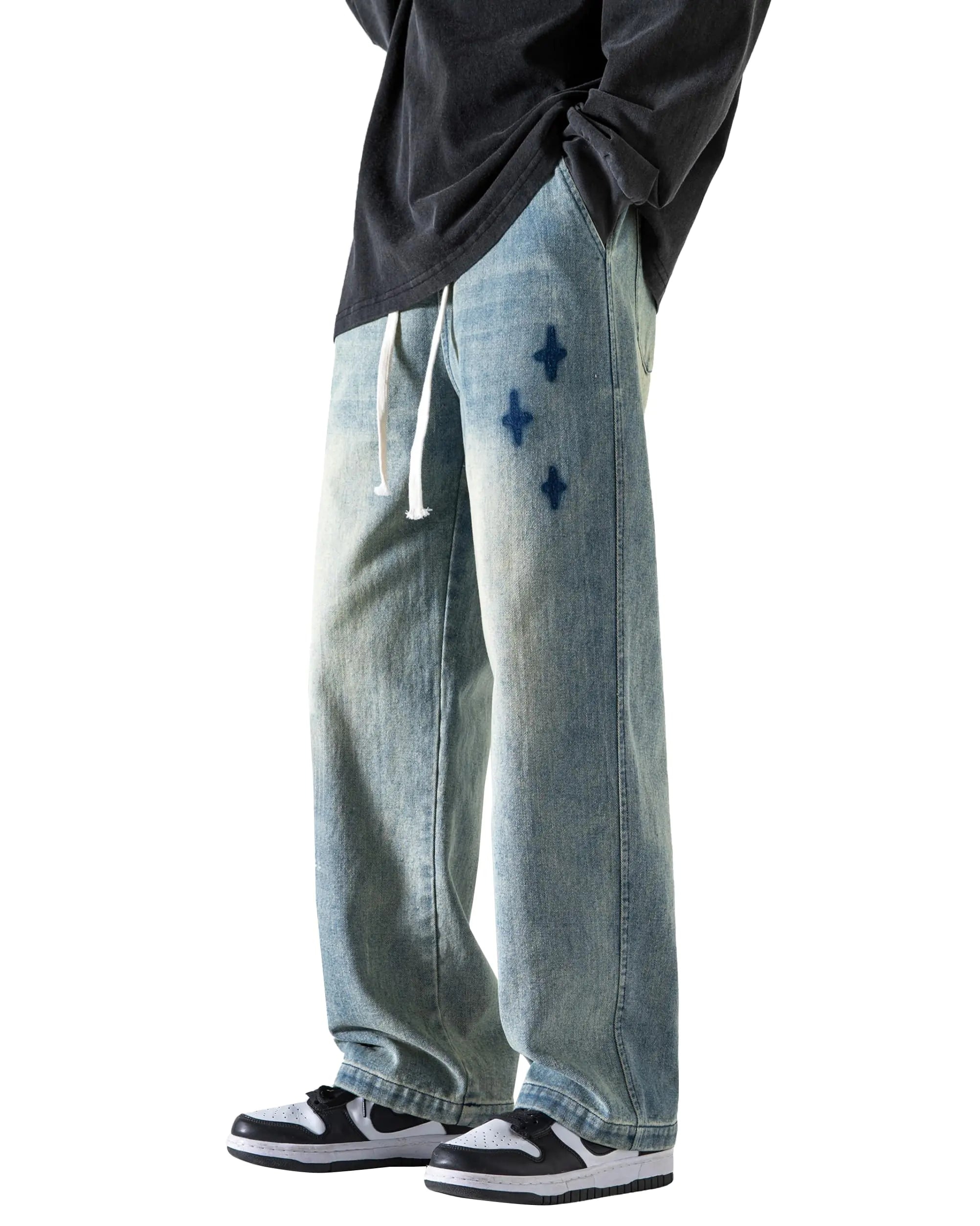 PRIJOUHE Mens Wide Leg Jeans Elastic Waist Baggy Jeans Casual Drawstring Denim Pants Trousers - THE OUTLET