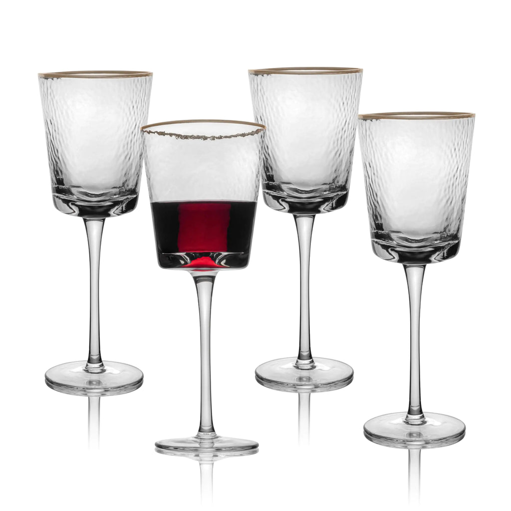 Gold Rimmed Wine Glasses Set of 4-10oz Triangular Shaped Hammered Glass Gold Rimmed Glasses - Fancy Wine Glasses - Hammered Glass Vintage Wine Glasses - Cute Wine Glasses w/Triangular Shape
