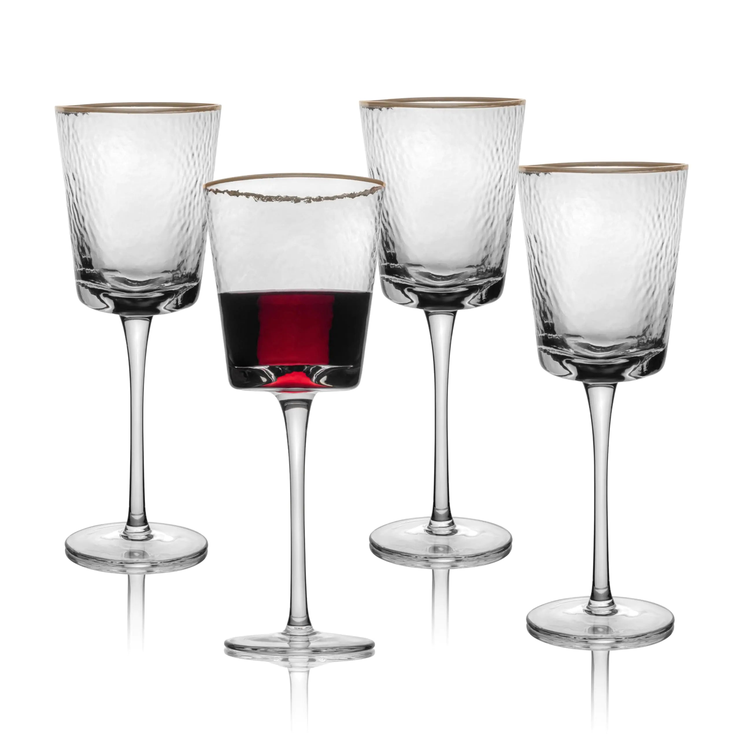 Gold Rimmed Wine Glasses Set of 4-10oz Triangular Shaped Hammered Glass Gold Rimmed Glasses - Fancy Wine Glasses - Hammered Glass Vintage Wine Glasses - Cute Wine Glasses w/Triangular Shape