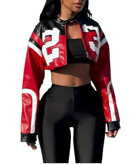 VOIKERDR Leather Jacket Cropped Jacket Motorcycle Jacket Y2K Letter Bomber Jacket Women Faux Leather Jacket Streetwear - THE OUTLET